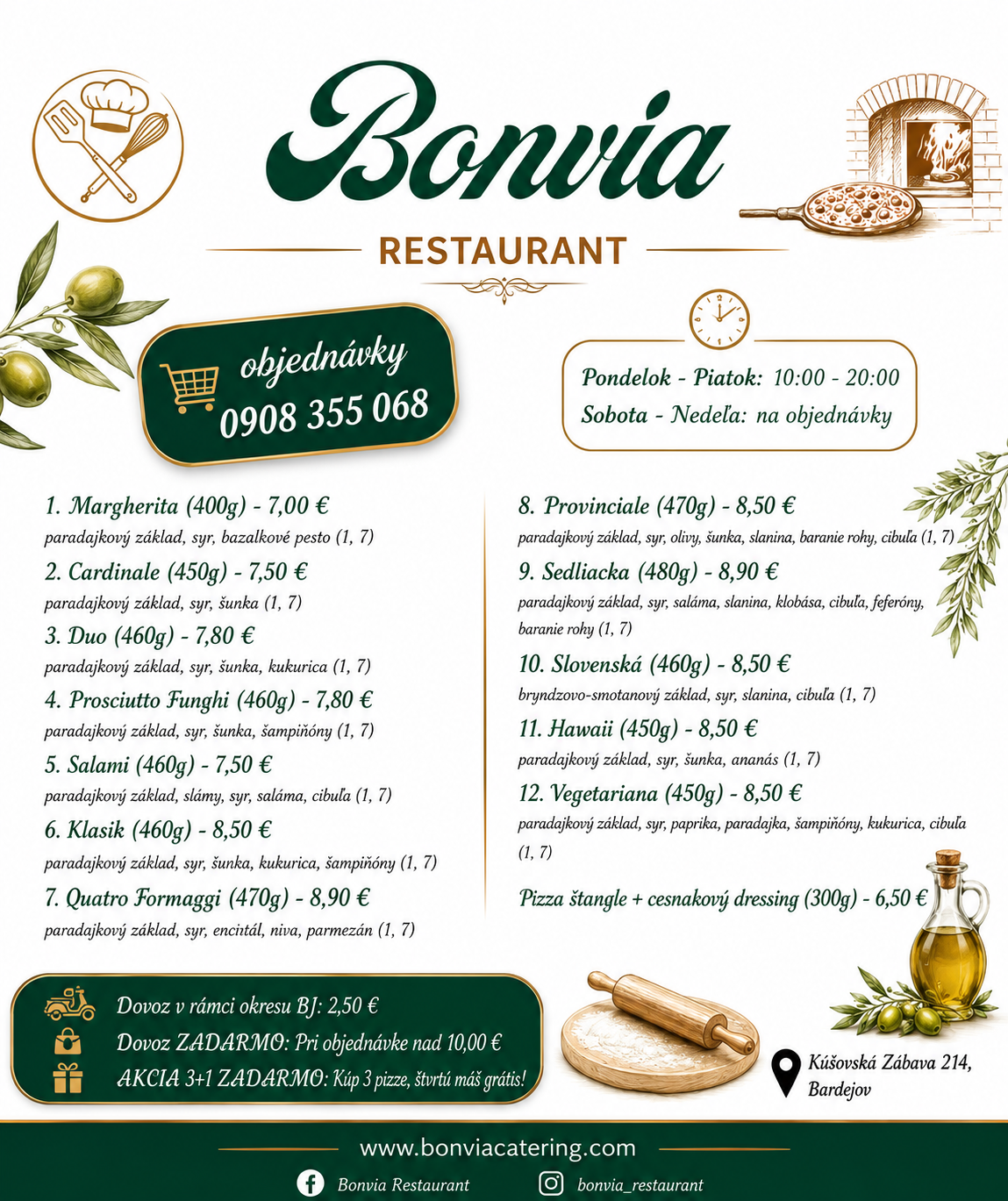 Pizza menu Bonvia – objednávky 0908 355 068
