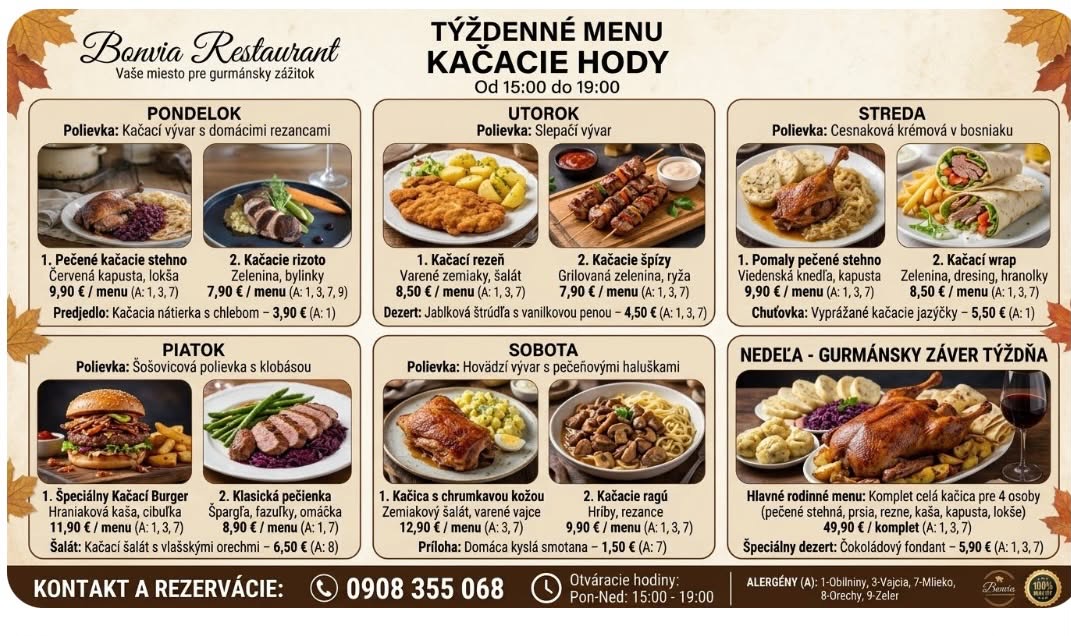 Týždenné menu Kačacie hody Bonvia — kačacie špeciality každý deň od 15:00 do 19:00, ceny od 7,90 €, rezervácie na 0908 355 068